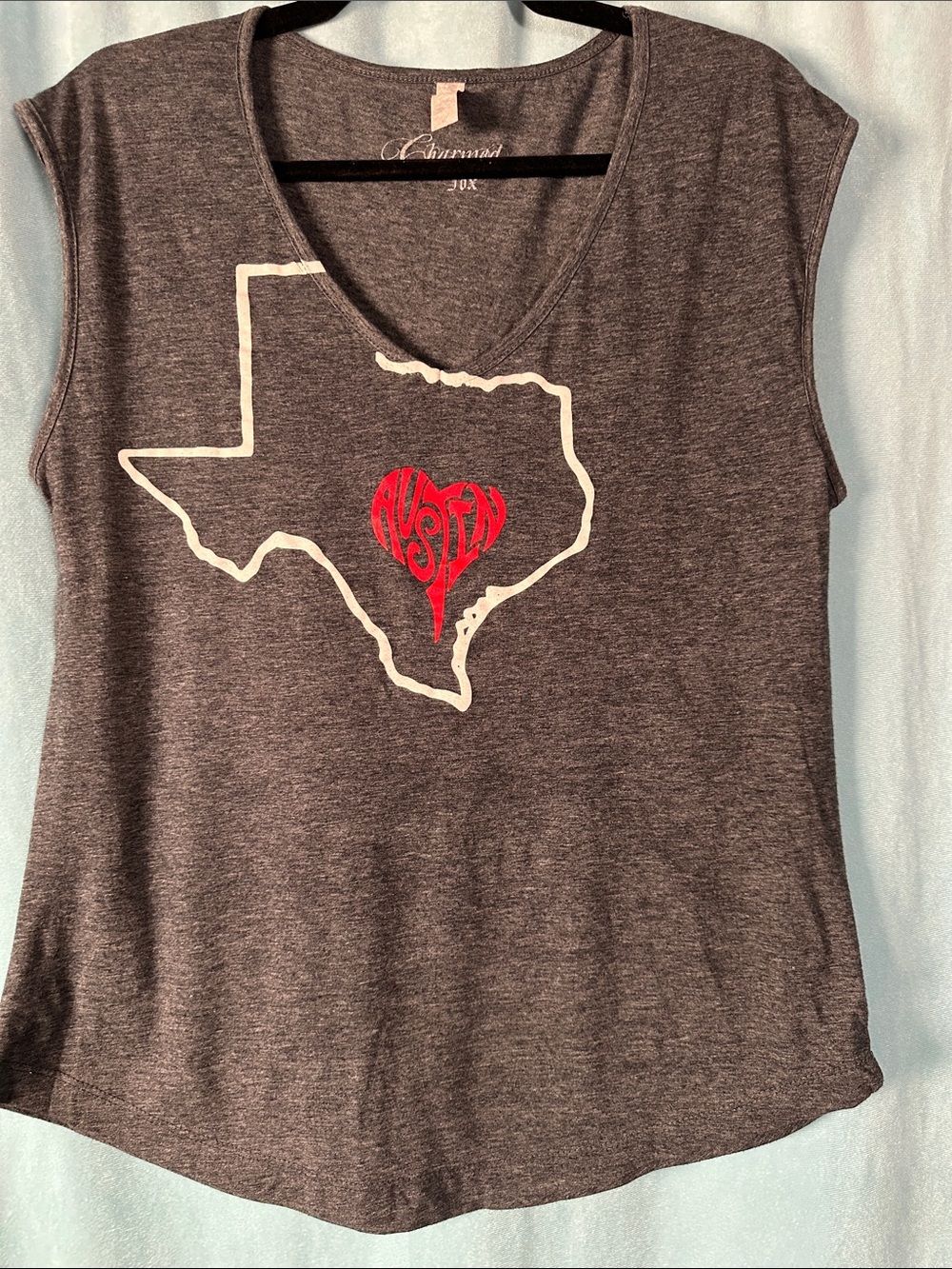Charisma Gray Short Sleeve V-Neck Tee with White Texas Outline & Red Heart